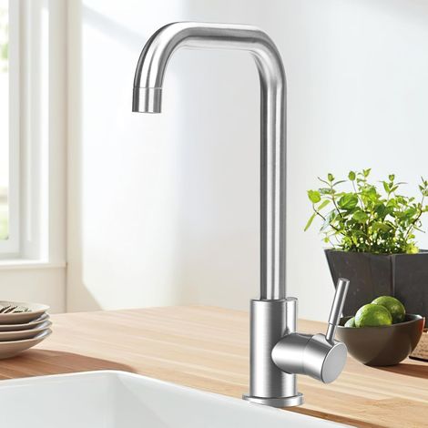 Robinet Cuisine Brossé, Pivotant à 360° Mitigeur Cuisine à Poignée Unique, Robinet de Cuisine Chaud et Froid en Acier Inoxydable 304 Forme en L Monolevier,avec raccord G3/8-Argent brossé (1/5)