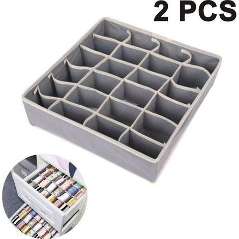 Lot de 2 boîtes de rangement pliables pour sous-vêtements – 24 compartiments – Tissu non tissé gris – 32 x 32 x 9,5 cm (1/5)