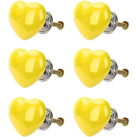 Ensemble de 6 poignées de porte vintage en céramique en forme de cœur pour placard, chambre d'enfant - Jaune (1/5)