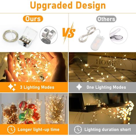 Lot de 12 Mini Guirlande LED à Pile, 2M 20LED 3 Modes Pile, IP65 Étanche Petite Guirlande Lumineuse Led Interieur Décoration pour Jardin, Chambre, Mariage, Fête, Noël, Blanc Chaud (1/4)