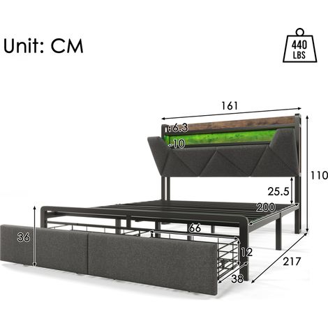 Lit double rembourré gris 160×200cm,cadre métallique,recharge USB Type-C,tête de lit rangement,LED et tiroirs,lit fonctionnel vendu sans matelas