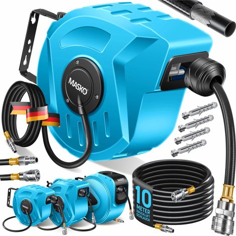 MASKO® Druckluftschlauch Aufroller automatisch 1/4 Anschluss - Schlauchtrommel Wandschlauchhalter Schlauchaufroller Druckluftschlauch-Aufroller Blau / 10m