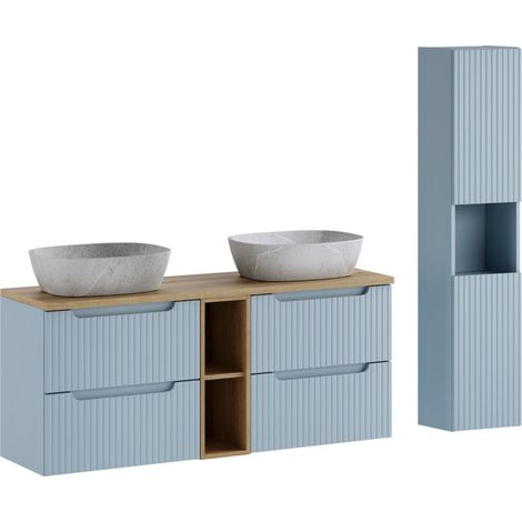 Ensemble salle de bain suspendu NOVA Denim 170cm – Double vasque grise avec colonne et rangements (1/5)