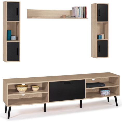 Idmarket – Ensemble meuble TV 180 cm – 4 espaces de rangement ouverts – 1 placard – 2 étagères verticales – Style scandinave bois et noir