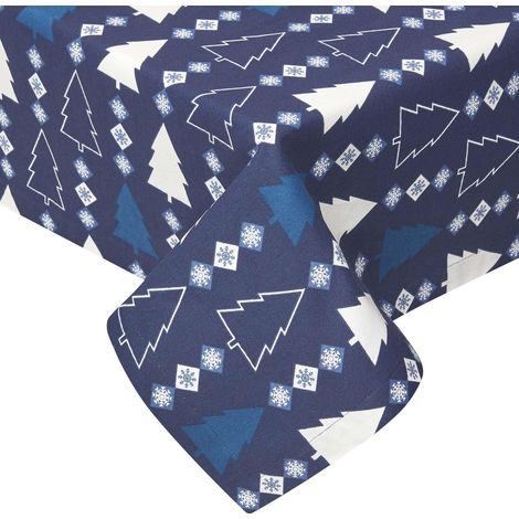 HOMESCAPES Blue Winterland 100% Cotton Christmas Tablecloth 137 x 229 cm
