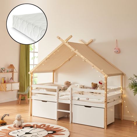 Hausbett Surnadal mit Matratze 90x200 cm Kiefernholz Weiß/Natur [en.casa]