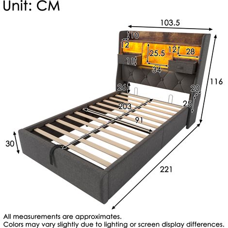 Lit simple boxspring 90x200 cm, sommier à lattes intégré, coffre hydraulique de rangement, tête de lit lumineuse LED avec 4 ports USB/Type-C, tissu lin gris, sans matelas