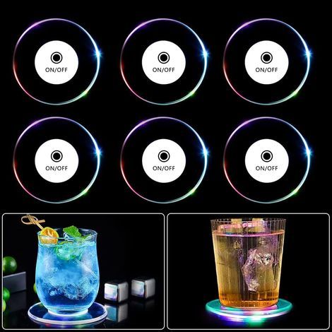 Lot de 6 sous-verres LED colorés, avec bouton marche/arrêt et 3 modes d'éclairage, sous-verres ronds lumineux en acrylique étanche pour verres, bouteilles, fêtes, mariages, bars, Noël, pubs (1/5)