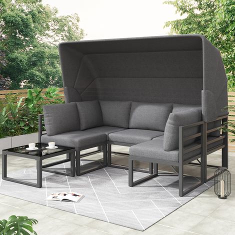 Set di mobili da giardino in ferro zincato grigio, 4 pezzi con divano 3 posti, 2 poltrone, tavolino in vetro e parasole pieghevole (1/5)