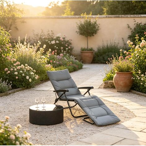 Sillón reclinable plegable, respaldo ajustable de 6 posiciones, con colchón de espuma, acero epoxi y poliéster gris (1/5)