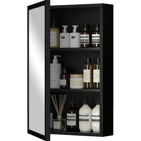 Armoire miroir salle de bain murale 1 porte 2 étagères acier 40 x 12 x 60 cm noir
