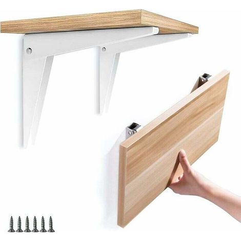 Support Mural Pliant 2 pièces, Équerre Étagère Supports d'étagère Équerre Repliable Rabattable en Métal Support Garage Console Pliante DIY Rayonnage, Blanc 8"/200 mm (1/4)
