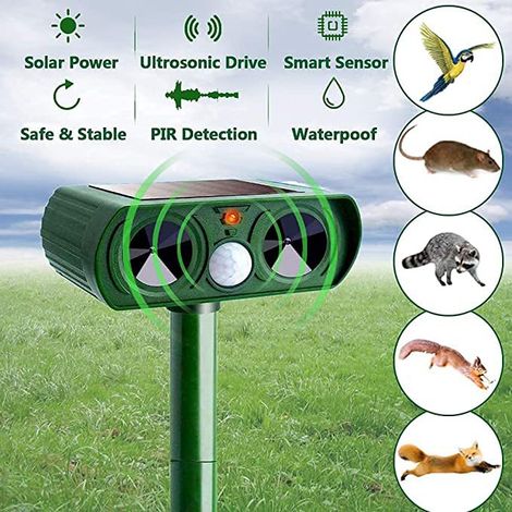 Répulsif à ultrasons pour animaux, à énergie solaire et étanche, conçu pour une utilisation extérieure. (1/5)