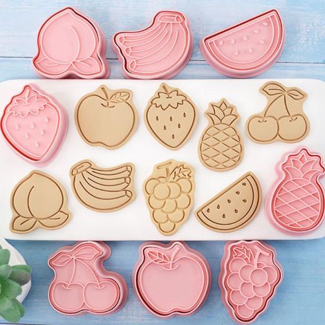 Lot de 8 emporte-pièces 3D pour biscuits, motifs dinosaure, fruits et légumes, moules à biscuits d'anniversaire, tampons à biscuits à pression manuelle (1/5)