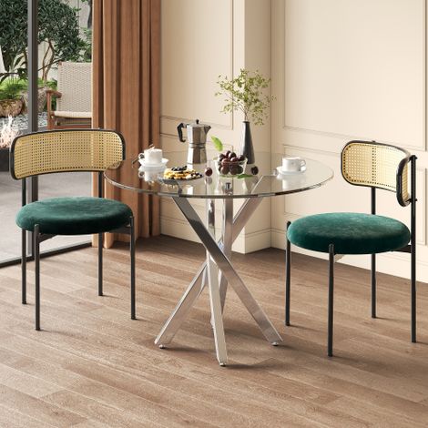 Ensemble table et chaises (table et 2 chaises incluses), plateau en verre trempé 80 x 80 x 75 cm, table moderne, pieds de table galvanisés, table basse, chaises vertes, pieds de table argentés