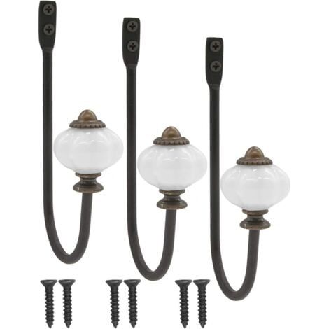 lot de 3 patère antique, patère, crochet à chapeau, crochet en fer avec tête en céramique et couronne en laiton - style campagnard vintage (1/5)