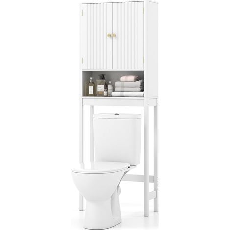 COSTWAY Meuble Toilette, Étagère WC, Portes Cannelées, Compartiments Ouverts, Étagère Réglable, Barre Inférieure, Meuble WC Rangement Gain de Place, pour Salle de Bain, 23 x 60 x 168 cm (Blanc) (1/5)