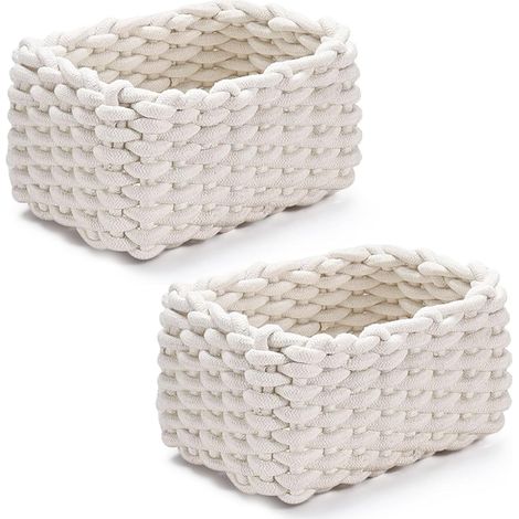 Lot de 2 paniers de rangement tressés en coton tricoté - Petit panier tressé décoratif - Pour cuisine, salle de bain - Blanc (1/5)
