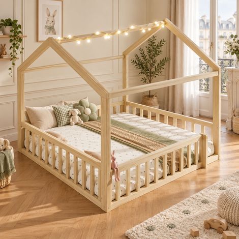 Lit au Sol Enfant 90 x 190 cm x 2 / 180 x 190 cm avec Barrières, Structure Cabane en Pin et Guirlande LED,Style Minimaliste,sans Matelas Couleur bois (1/5)