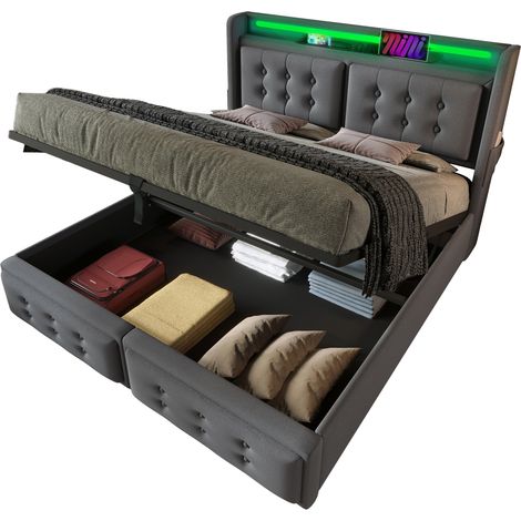 Lit coffre 140x200 avec tête de lit LED, prises USB et USB-C, rangement hydraulique, sommier à lattes, tissu gris - CHICFURN (1/5)