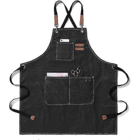 Tablier en toile épaisse et denim avec logo imprimé, idéal pour coiffeur, pâtissier, café, jardinier, homme et femme, restaurant, vêtements de travail (noir) (1/5)