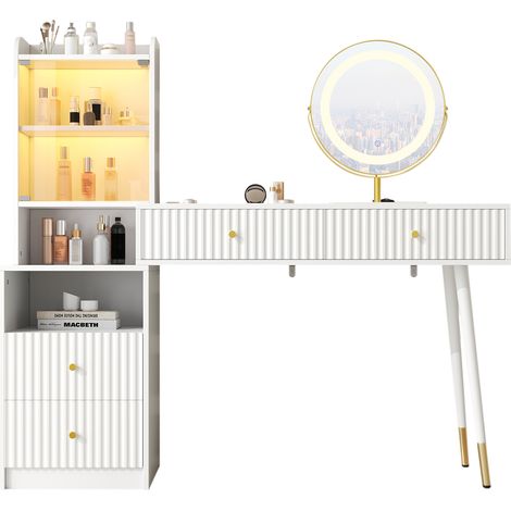 Schminktisch-Set mit dreifarbigem LED-Spiegel, 4 Schubladen, beleuchtetem Schrank mit Glastür und offenem Fach, Weiß, 100 x 40 x 125 cm, ohne Hocker (1/5)
