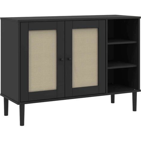 Maison La Vie - Buffet Salon Moderne - Meuble de rangement - aspect rotin noir 112x40x80cm bois massif de pin bu1886 (1/5)