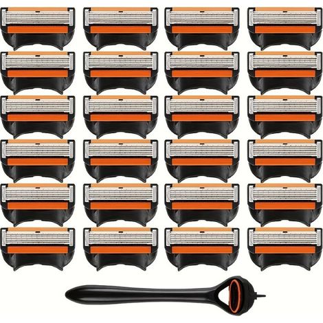 rasoir electriques hommes-Rasoir de sécurité à 6 lames en acier inoxydable – pour une peau sensible et des rasages impeccables (1 porte-lames orange + 48 lames lavables)