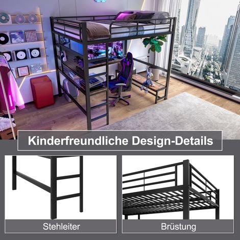 Lit mezzanine, 140 x 200 cm, structure en fer, bureau, rambarde, échelle, étagères multiples, prises USB et Type-C, bande LED, panneau perforé, matelas non inclus, noir (1/5)