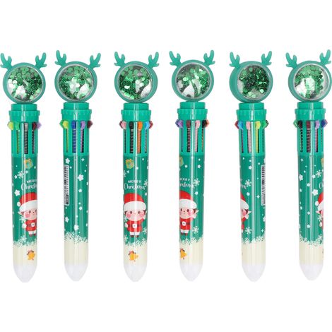 Lot de 6 stylos à bille thème Noël, 10 couleurs, paillettes rétractables, cadeau école bureau, motif garçon vert (1/5)