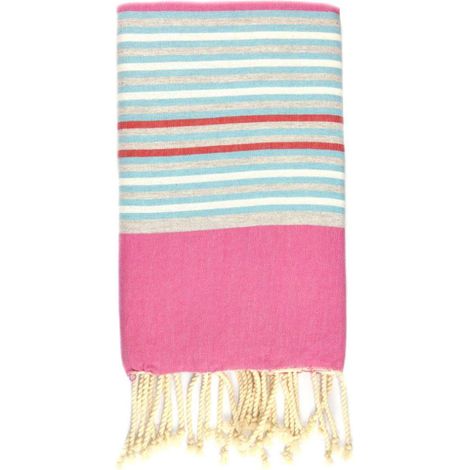 Fouta 100x200 fuchsia, gris, bleu, blanc, rouge - coton - franges