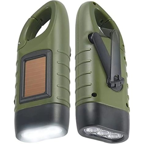 Lampe Torche Solaire Rechargeable(Lot de 2), LED Lampe Urgence à Dynamo Manivelle Flashlight avec Mousqueton pour Randonnée Voyage Camping Escalade,Armée Verte (1/5)