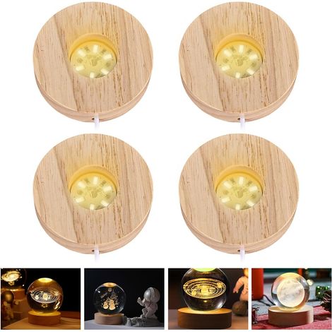 Lot de 4 Socles LED en Bois : Lumineux Rond 3 Couleurs Réglables Avec Interrupteur pour Boules de Cristal, Bijoux, Acrylique, Verre (1/5)