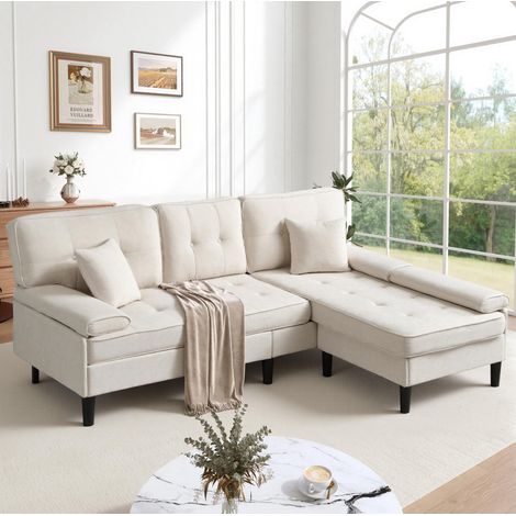 Sofá esquinero modular 3 plazas con chaise longue reversible de chenilla beige claro OKMYHOME (1/5)