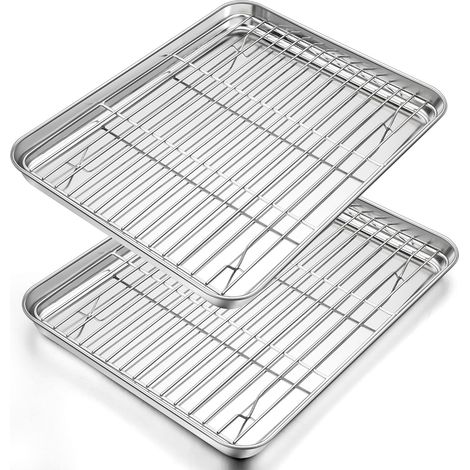 2 Plaques De Cuisson, 2 Grilles De Refroidissement, Acier Inoxydable, Bords Rehaussés, Four Et Pâtisserie