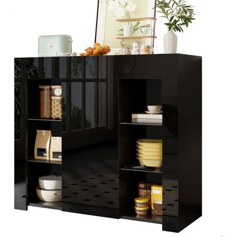 Buffet 95 x 35 x 83 cm noir fronts brillants étagères en verre porte (1/5)