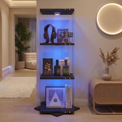Vitrine Verre Rotative 360° Noir, Cloisons en verre 3 Niveaux avec LED RGB - Vitrine indépendante, Anti-basculement,121x38x38 cm (1/5)