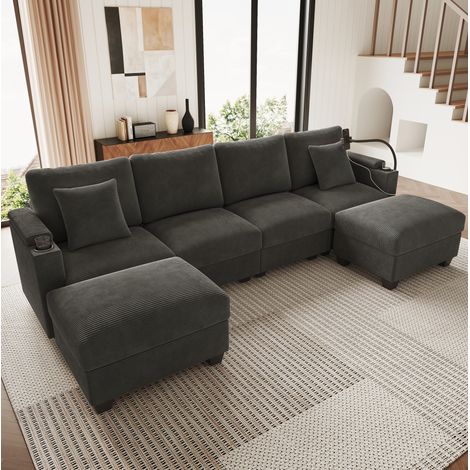 Divano modulare a U 275.5x139x87 cm, con funzione letto, porta telefono, USB, in velluto a coste grigio (1/5)