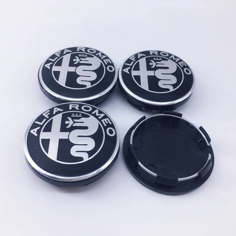 (Noir et argent, 4 cache-moyeux de 50 mm) - 4 cache-moyeux noirs de 50 mm, neufs, compatibles avec les modèles Alfa Romeo Giulietta GT, Mito Brera et Giulia F1. Modification du logo et décoration des (1/5)