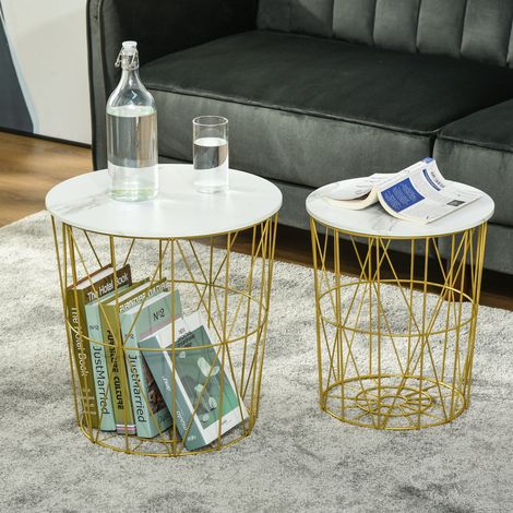 Ensemble 2 de tables basses modernes empilables avec étagère amovible - table basse avec rangement pour le salon et la chambre - en or blanc