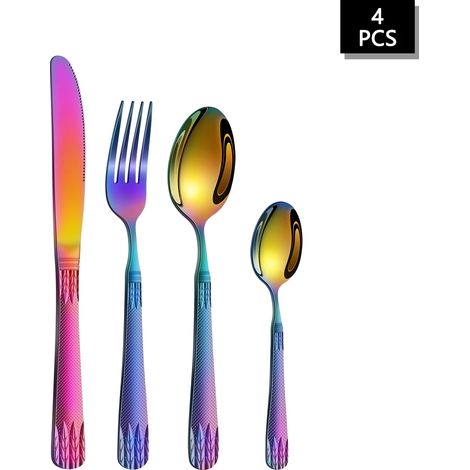 Ensemble de couverts en acier inoxydable (4 pièces colorées) en forme d'épi de blé, comprenant un couteau à steak, une fourchette et une cuillère. (1/2)
