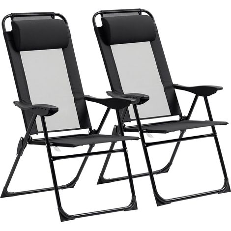 Lot de 2 chaises de camping pliantes avec appui-tête amovible et dossier inclinable 62 x 70 x 109 cm Noir (1/5)