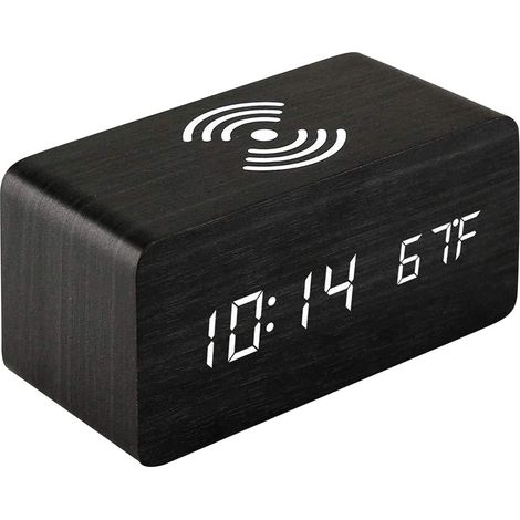 Horloge Numérique En Bois - Réveil Électronique Avec Chargeur Sans Fil - Affichage Température Et Heure - Pour Table De Chevet Ou Bureau - 1 Pièce (1/5)
