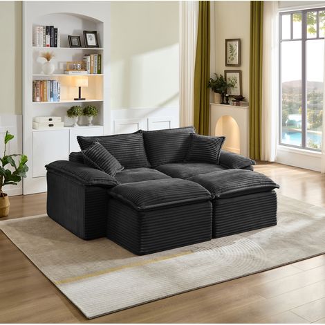 Divano compatto a 2 posti 206x158x66 cm con pouf, imbottitura in schiuma ad alta resilienza e molle, rivestimento in velluto a coste - nero (1/5)