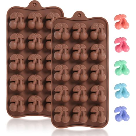 2 mini moldes de silicona con forma de cereza - 15 cavidades - Para chocolate, caramelos, gominolas y snacks de frutas (1/4)