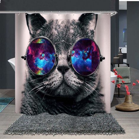 Rideau de douche chat amusant espace étoilé imperméable en tissu pour salle de bain décoration originale (1/5)
