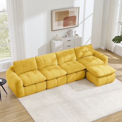 Canapé d'angle modulable 4 places sans structure, motif matelassé en losanges, revêtement en chenille, assises larges et profondes, repositionnable à volonté, livré monté avec 1 pouf, jaune, idéal pou (1/5)