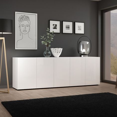 Dmora – Buffet Macaria 3 étagères – 6 compartiments – Dimensions 225x38x79 cm – Panneau mélaminé blanc brillant – Made in Italy