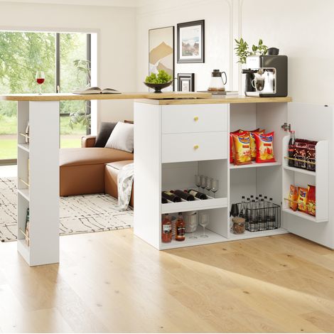 Tavolo bar girevole in MDF bianco con cassetti e ripiani, 138x39x104 cm (1/5)