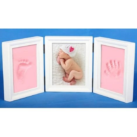 BLANC + ROSE cadre de photo en bois + pâte à modeler tampon main pied de bébé Footprint DIY empreinte de main empreinte de pas (1/2)